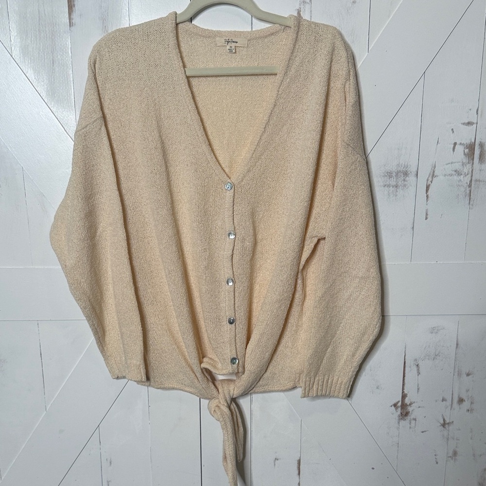 Tie Hem V Neck Button Front Lightweight Cream Cardigan